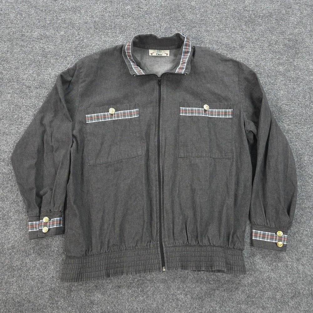 Vintage Orvis Jacket Womens Large Grey Denim Bomber Plaid Trim Gold Buttons